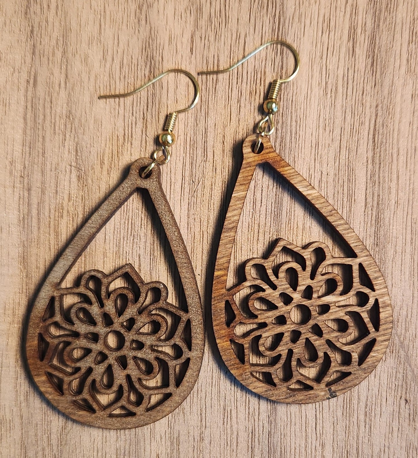 Black floral earrings reverse stained wood