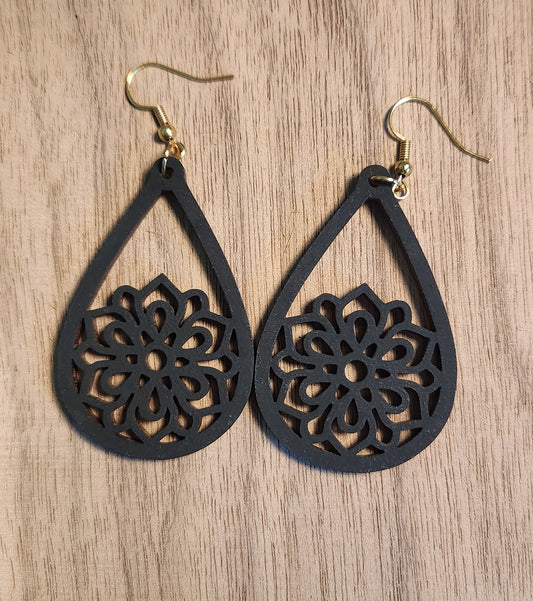 Black floral earrings reverse stained wood