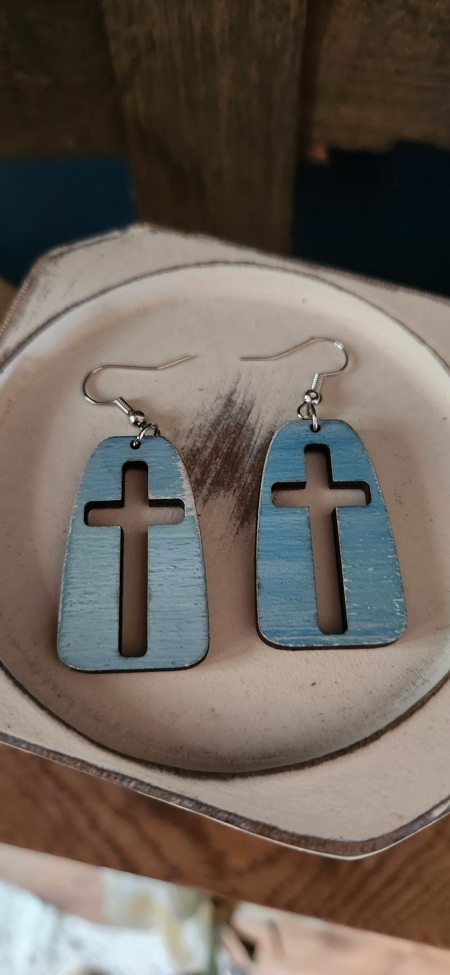 Blue Dangle Cross Earrings