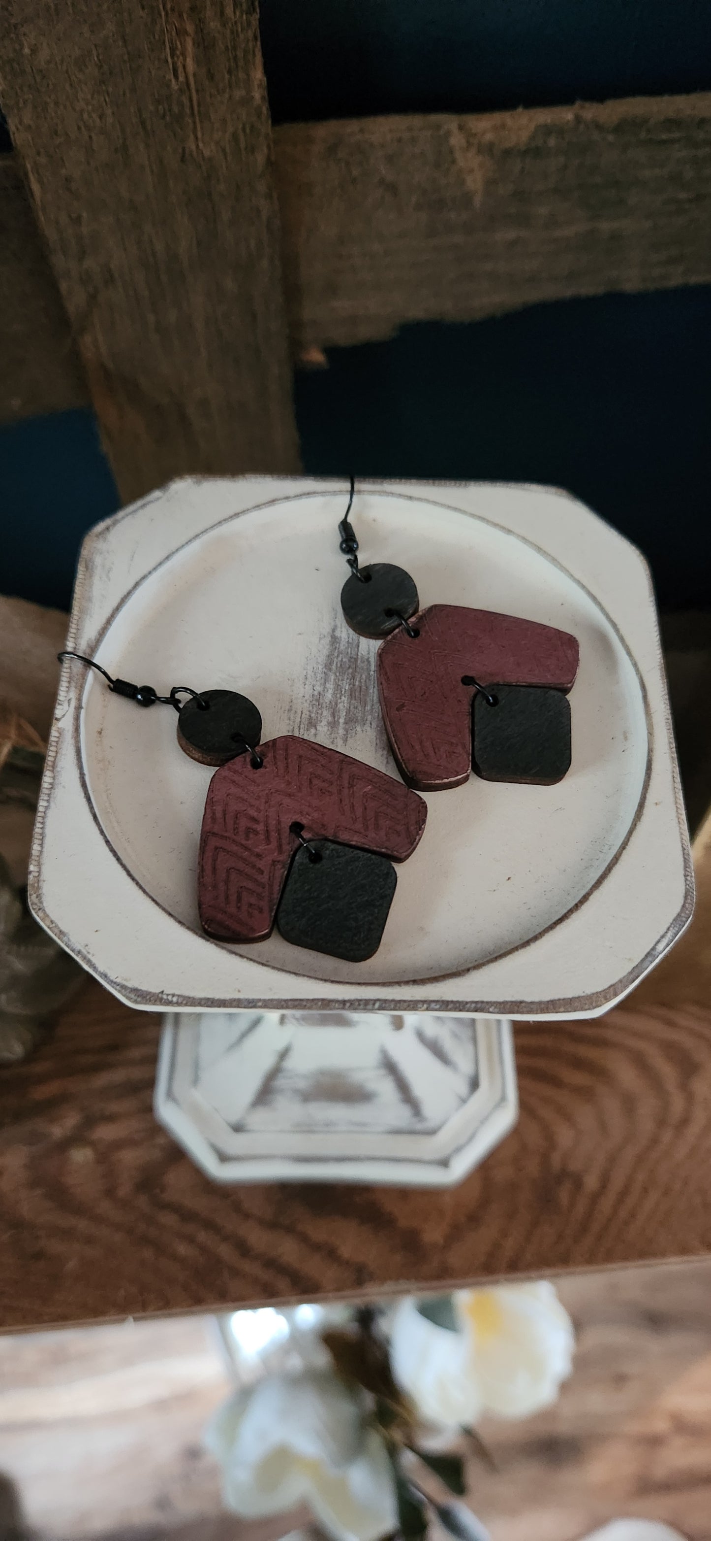 Maroon and Black Geo Dangle Earrings