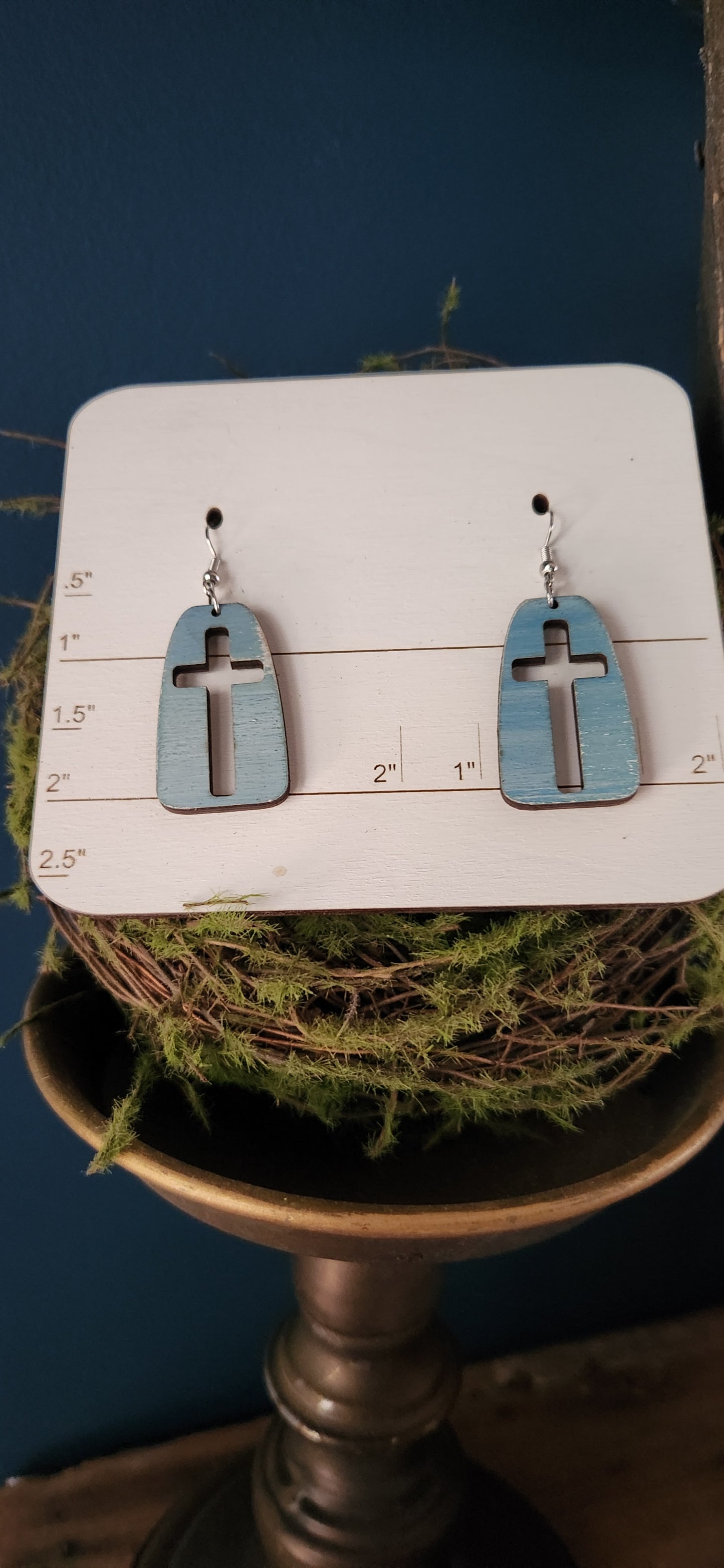 Blue Dangle Cross Earrings